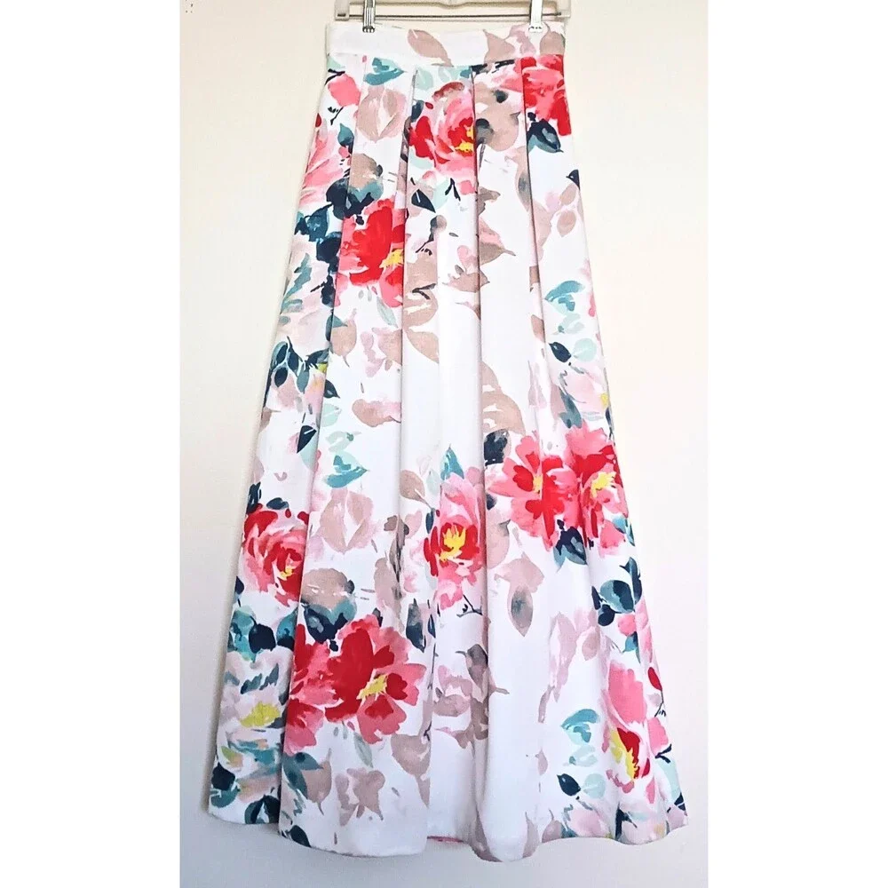 Eliza J Floral Print Pleated Maxi Skirt Ballroom Lined Pockets Sz 6